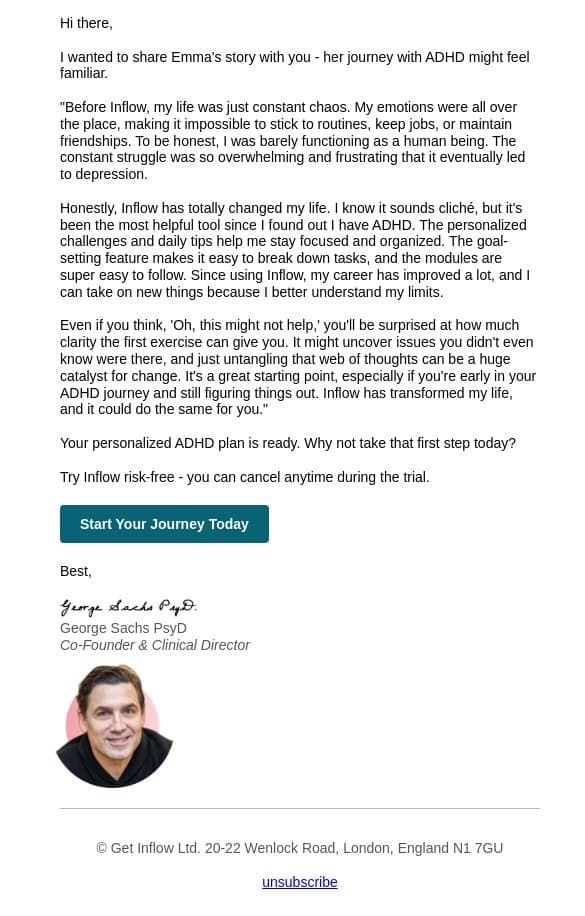 People like you: Emma's ADHD journey email from Inflow screenshot
