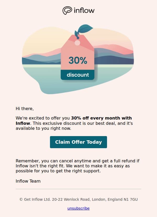 Your 30% Inflow discount is waiting - start now email from Inflow screenshot