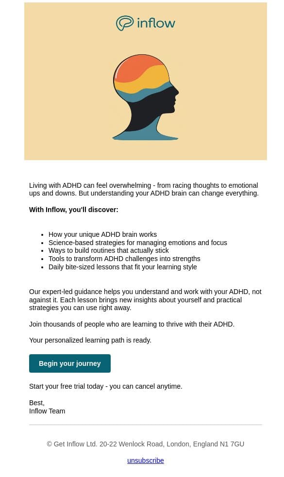 Best toolkit for thriving with ADHD email from Inflow screenshot