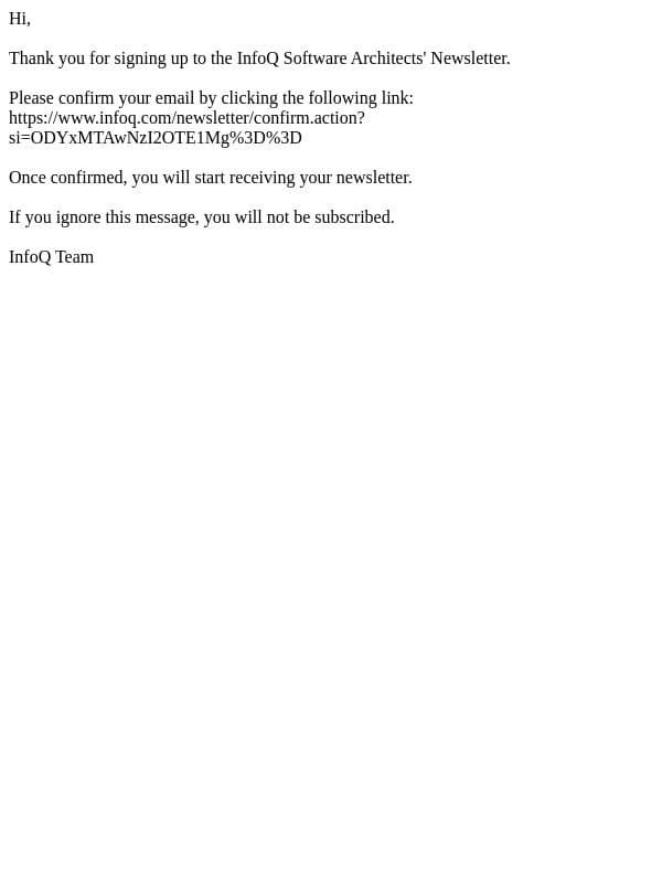 InfoQ Software Architects' Newsletter: Please Confirm Your Email email from InfoQ screenshot