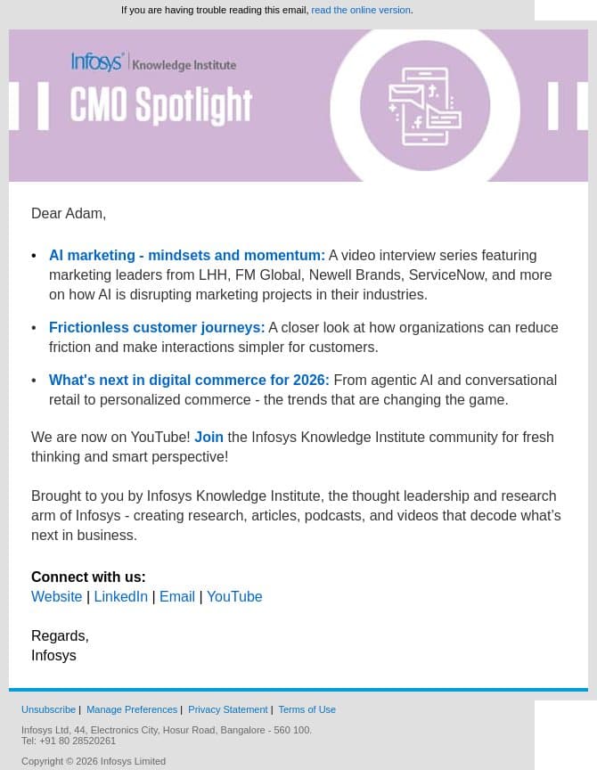 The AI Marketing Mindset - Infosys Knowledge Institute's CMO Spotlight email from Infosys screenshot