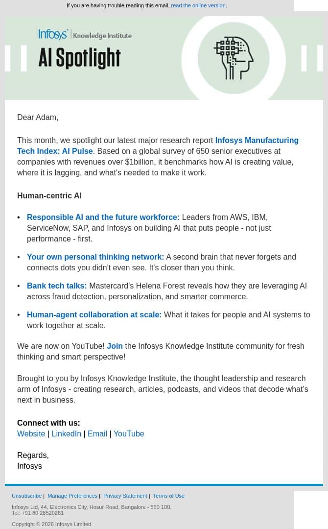 Manufacturing AI Index - Infosys Knowledge Institute's AI Spotlight email from Infosys screenshot