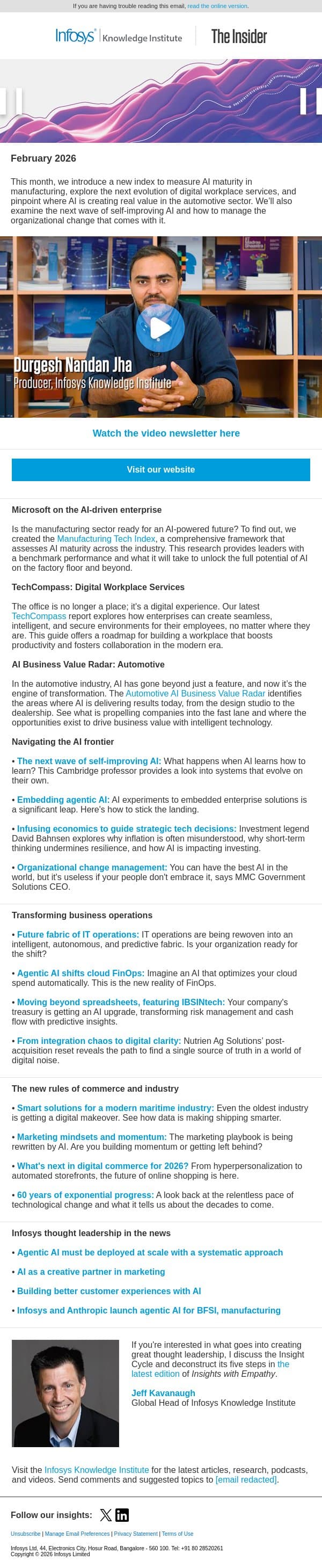The Insider Feb 2026: AI in Manufacturing email from Infosys screenshot