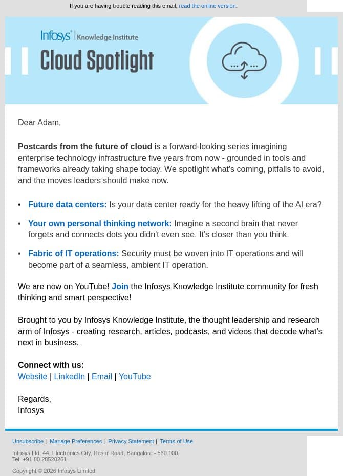 Future of Cloud - Infosys Knowledge Institute's Cloud Spotlight email from Infosys screenshot