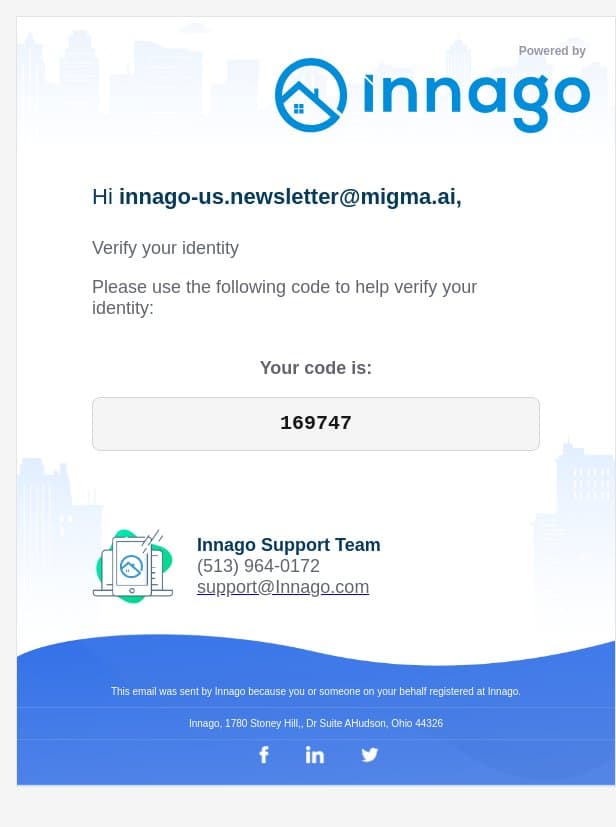 Verify your identity email from Innago screenshot
