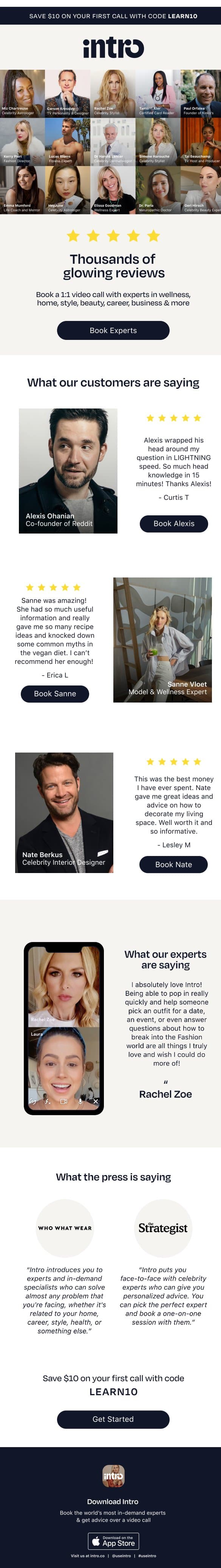 Thousands of glowing reviews ⭐ email from Intro screenshot