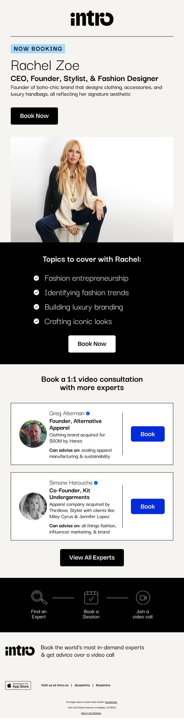You Rachel (Founder and Fashion Designer) email from Intro screenshot
