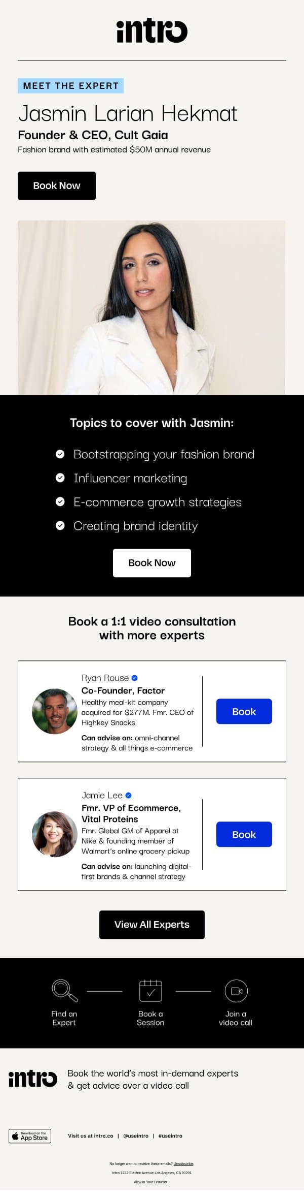 You Jasmin (Founder & CEO of Cult Gaia) email from Intro screenshot