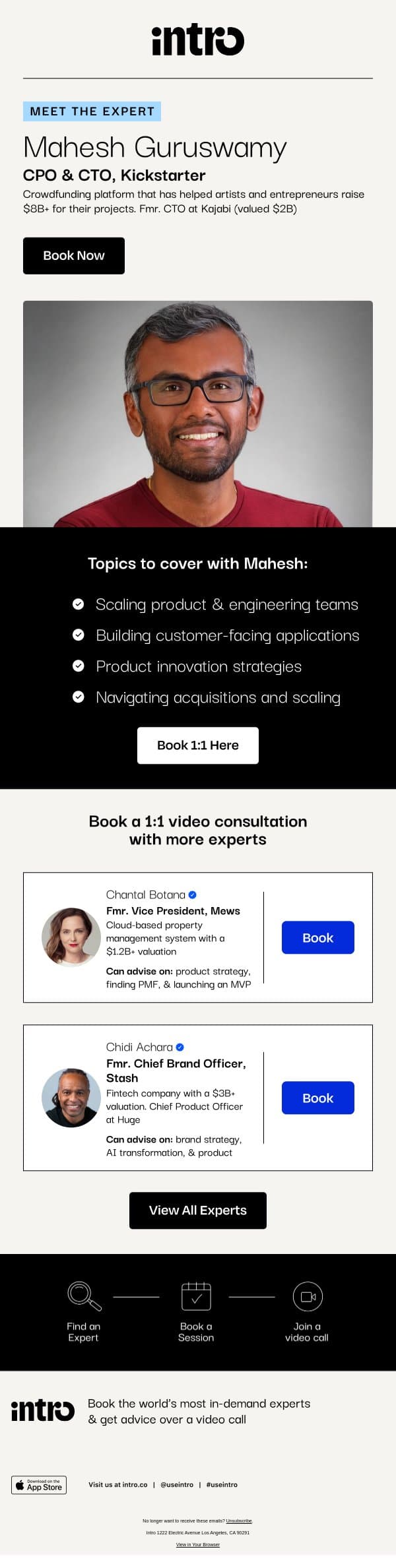 You Mahesh (CPO and CTO at Kickstarter) email from Intro screenshot