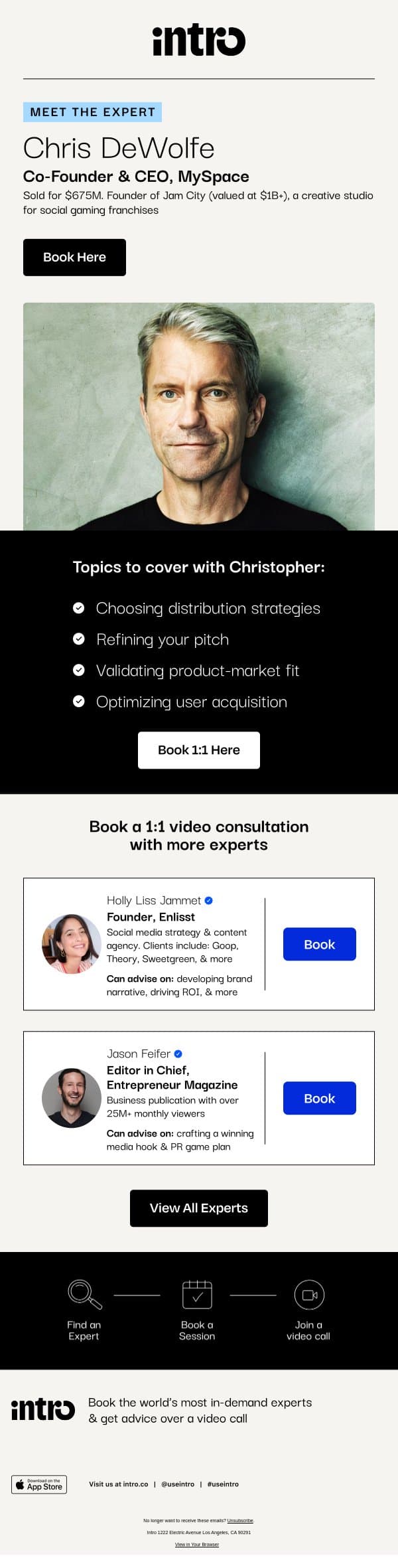 You Chris (Co-Founder & CEO, MySpace) email from Intro screenshot