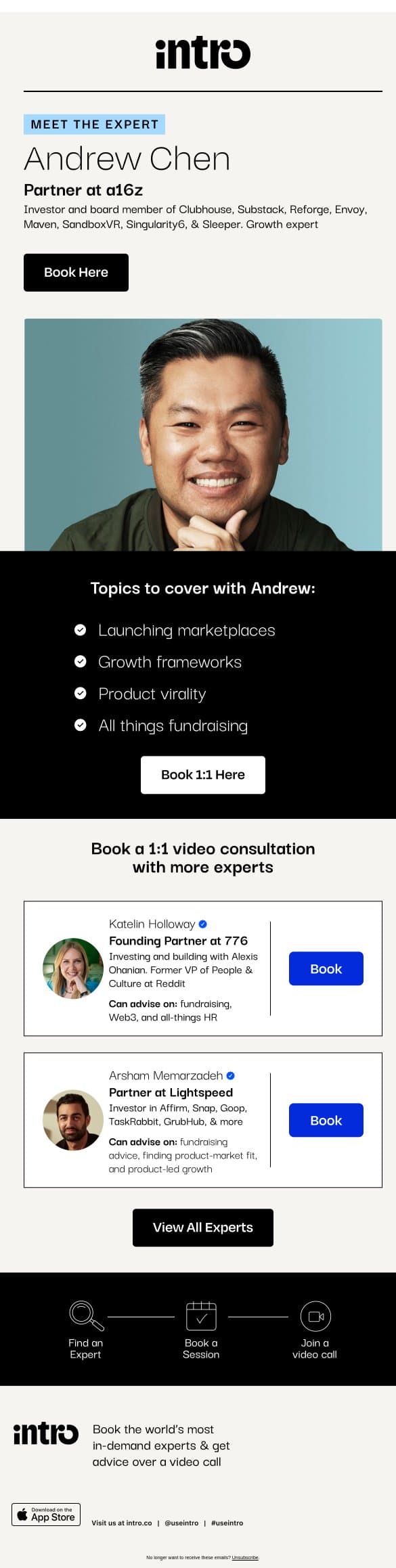 You Andrew (Partner at a16z) email from Intro screenshot