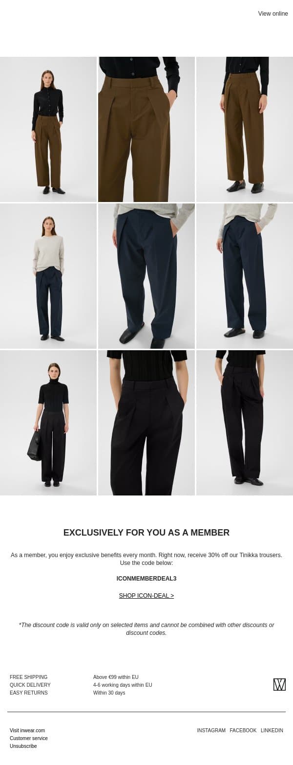ICON DEAL: Save 30% on our bestselling trousers email from InWear screenshot