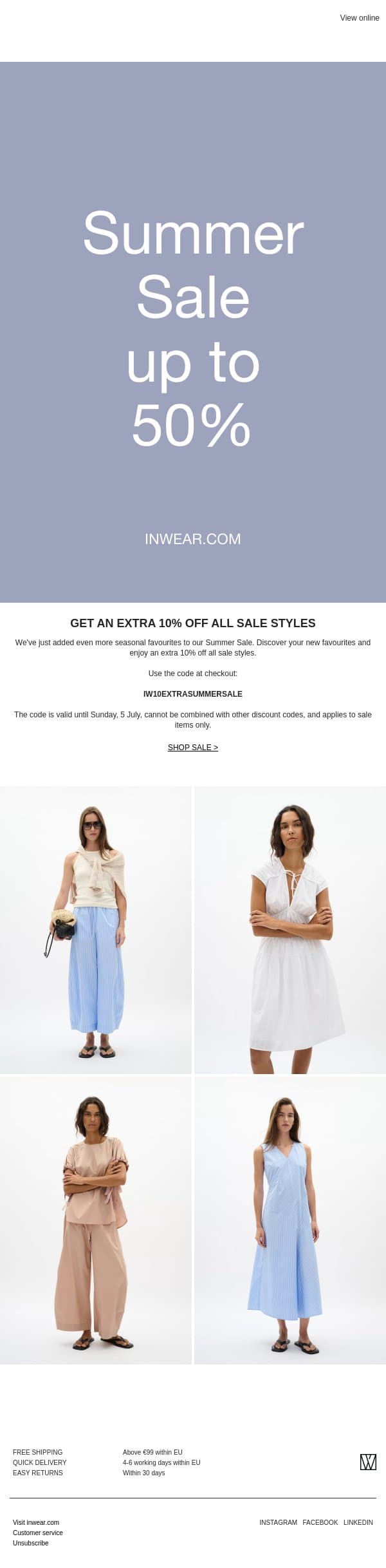 SUMMER SALE: New styles added - Extra 10% off for the early shoppers email from InWear screenshot