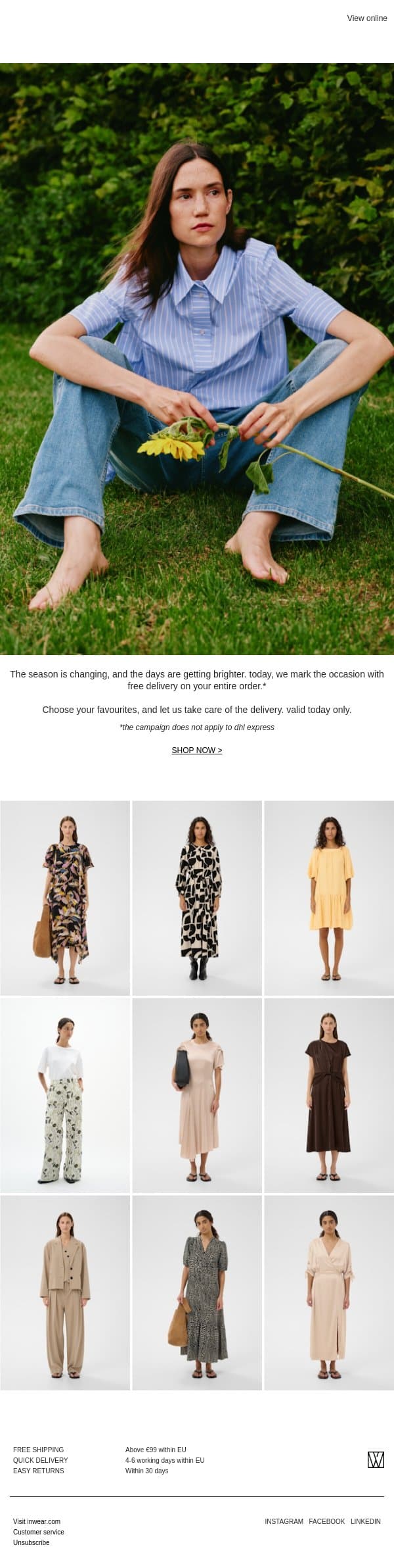 TODAY ONLY: free delivery on all orders! email from InWear screenshot