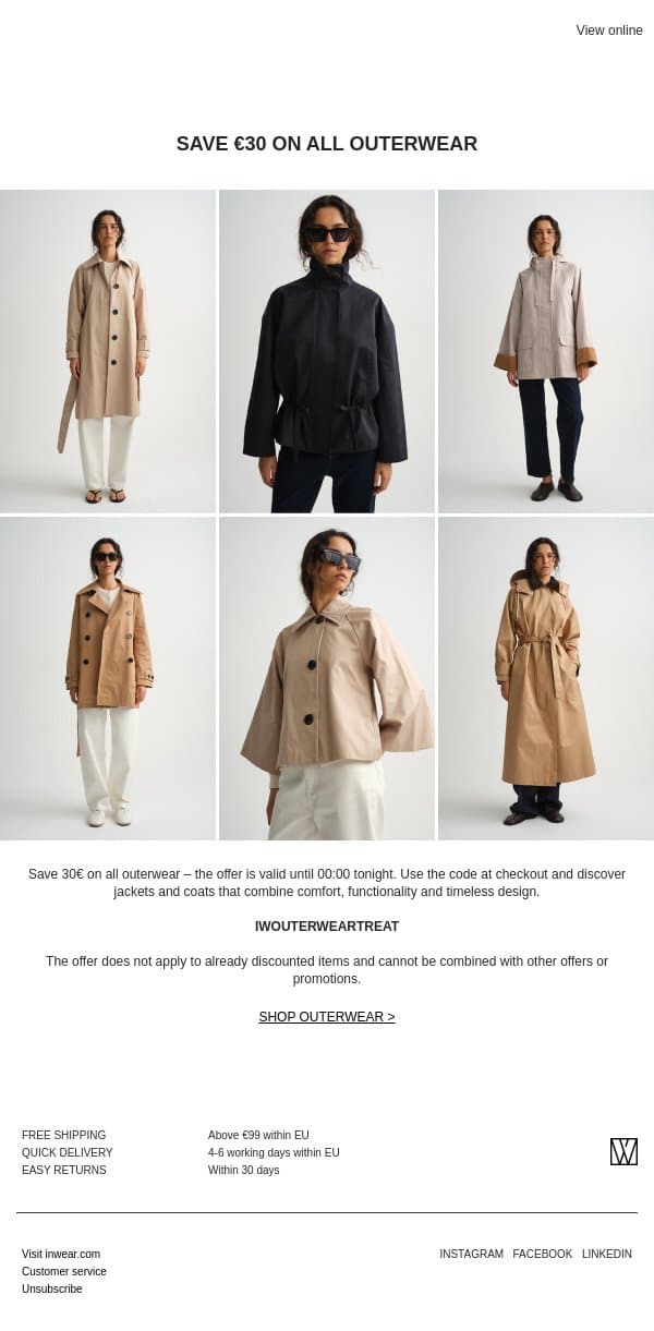 Last chance: Save 30€ on all our outerwear – the offer ends tonight email from InWear screenshot