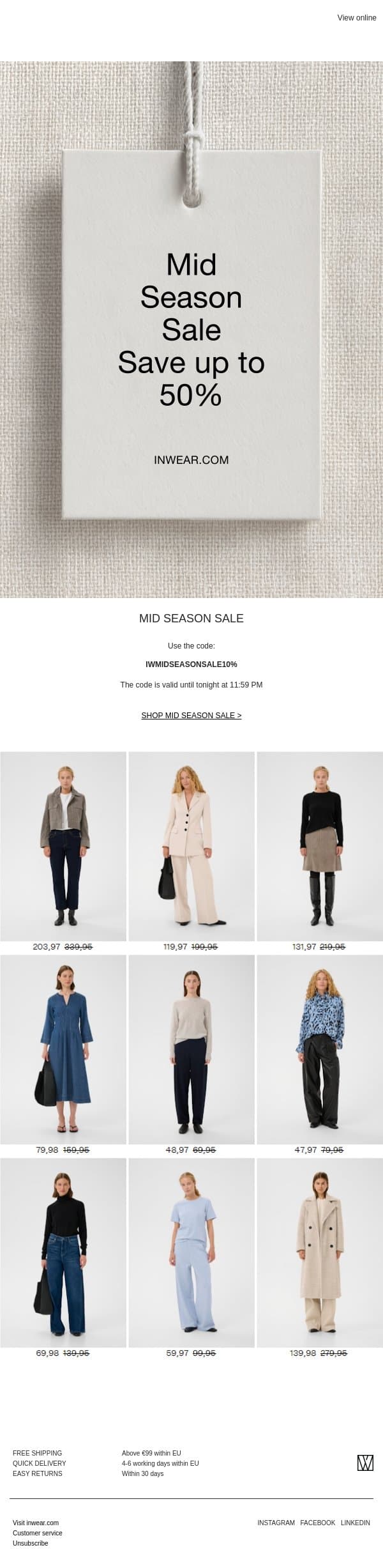 Mid Season Sale: Save an extra 10% email from InWear screenshot