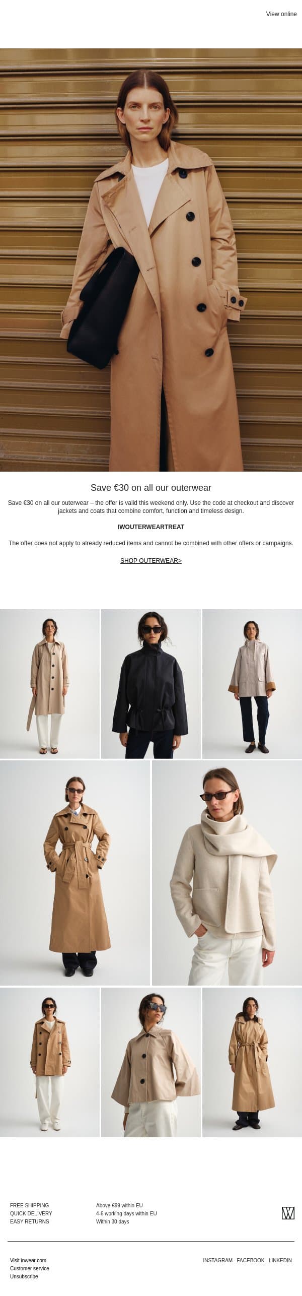 Save €30 on all our outerwear - this weekend only email from InWear screenshot