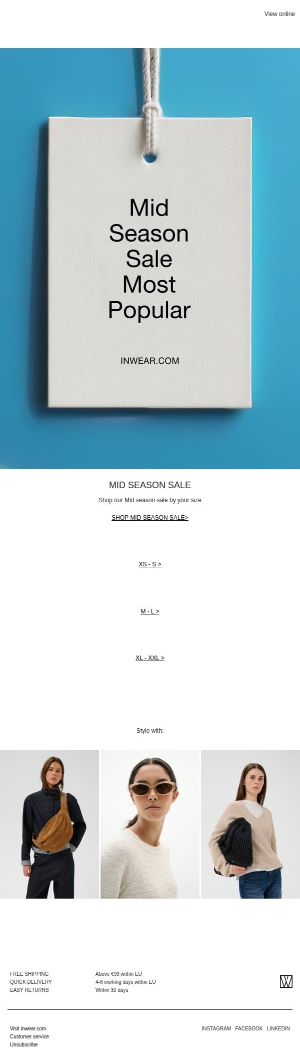 Mid season sale: shop your size email from InWear screenshot