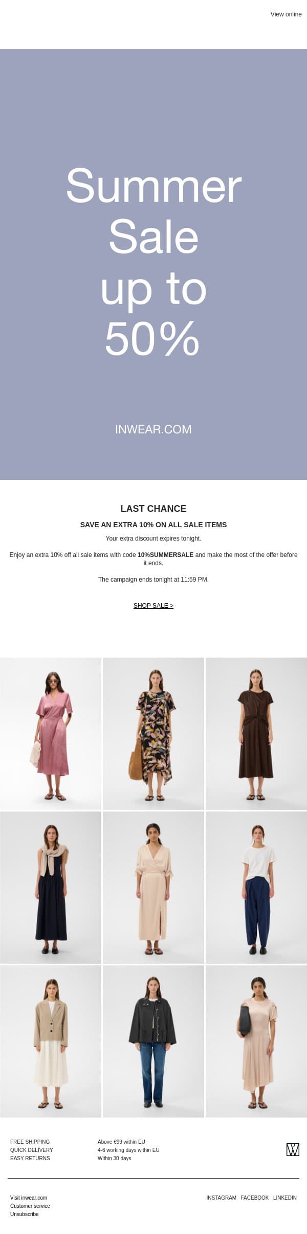 Last chance: Save an extra 10% on all sale items email from InWear screenshot