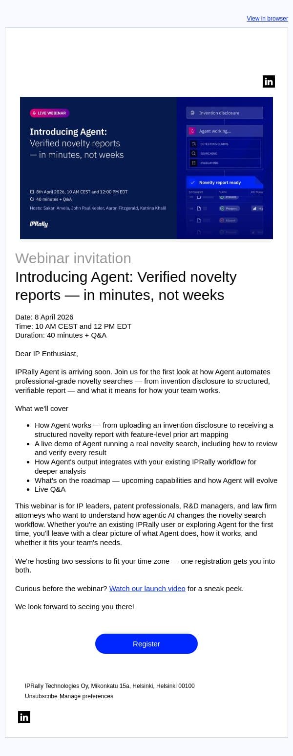 Webinar invitation: Introducing Agent email from IPRally screenshot
