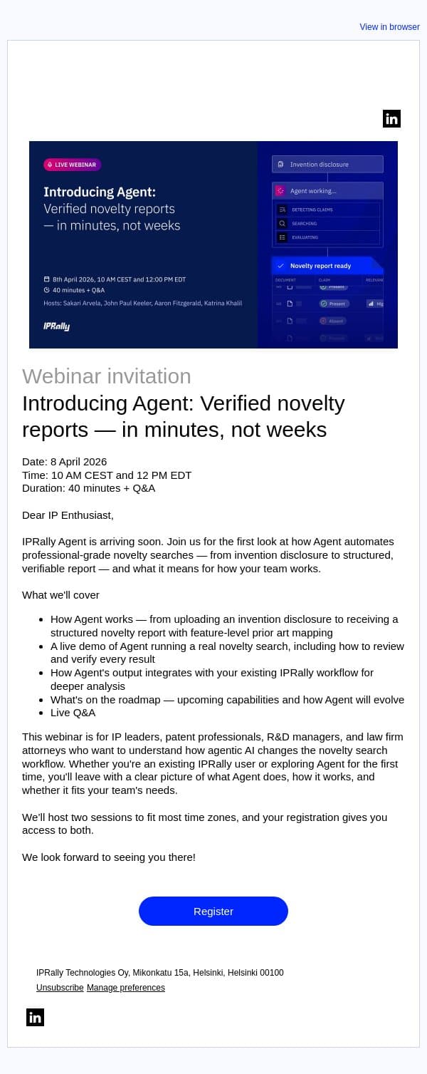 Webinar invitation: Introducing IPRally Agent email from IPRally screenshot