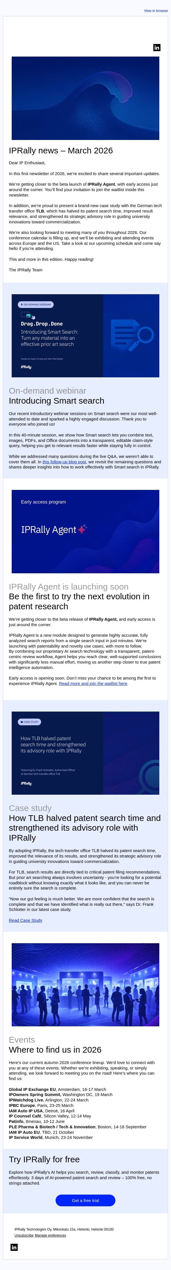 IPRally Agent launching soon | TTO Case study | 2026 Events email from IPRally screenshot