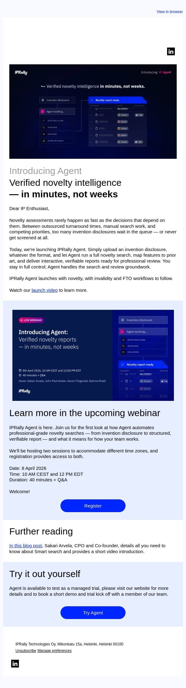 IPRally Agent is here: Verified novelty intelligence — in minutes, not weeks email from IPRally screenshot