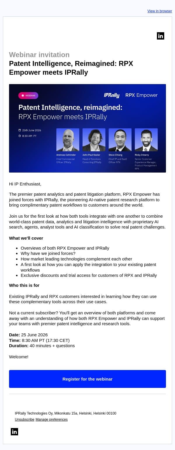 Webinar invitation | RPX Empower meets IPRally email from IPRally screenshot