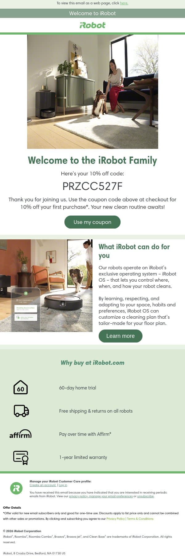 Welcome to iRobot. email from iRobot screenshot