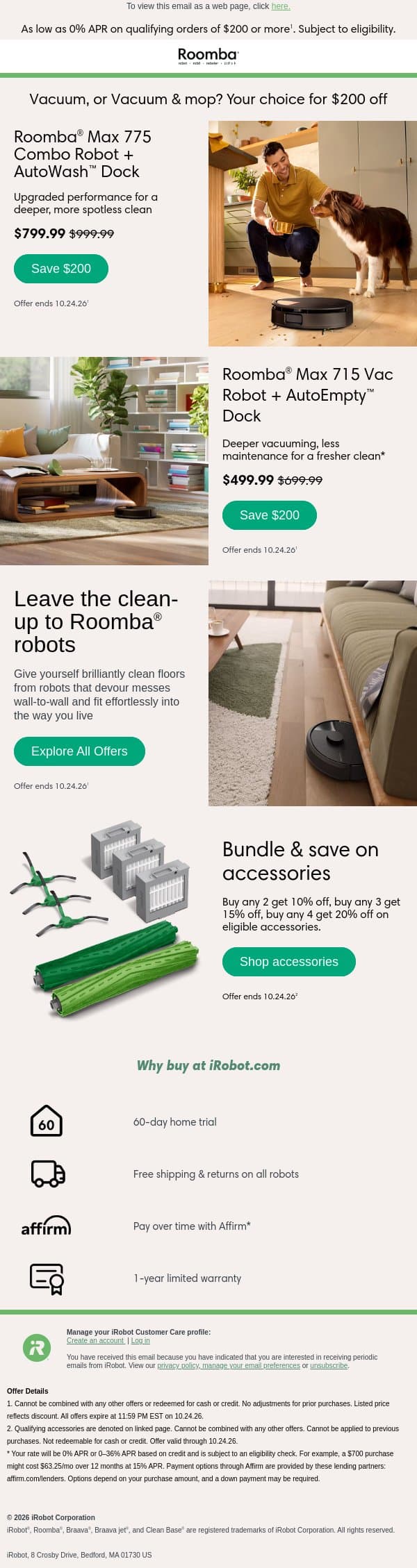 Save up to $200 off select robots. email from iRobot screenshot