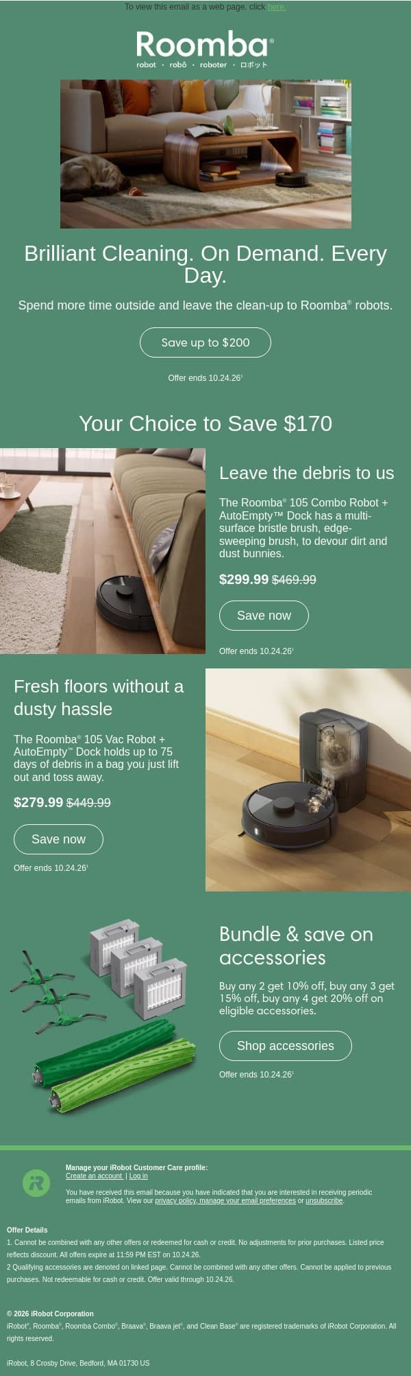 Cleaner living made simple, up to $200 off! email from iRobot screenshot
