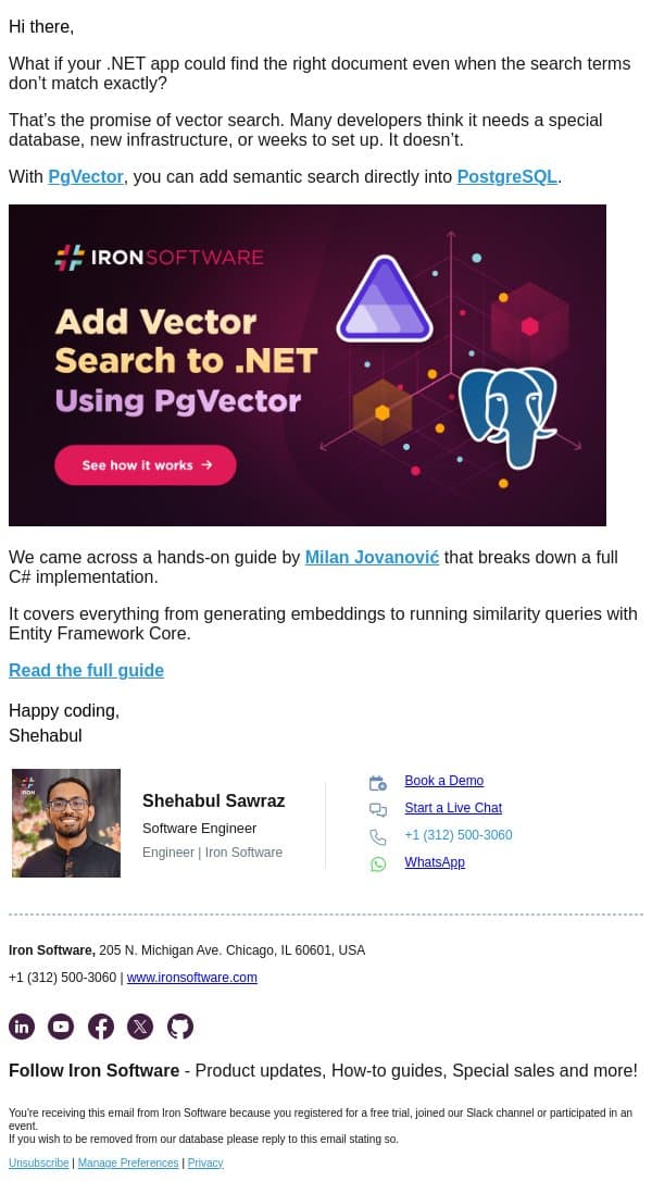 Milan Jovanović’s Guide to Building Vector Search with .NET email from IronOCR screenshot