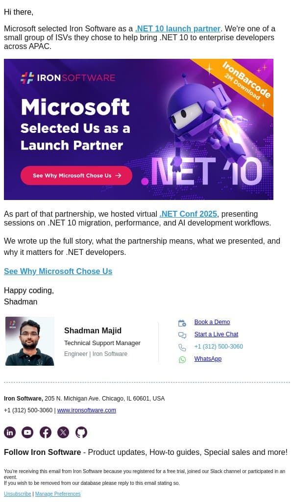Iron Software is now a Microsoft .NET 10 launch partner email from IronOCR screenshot