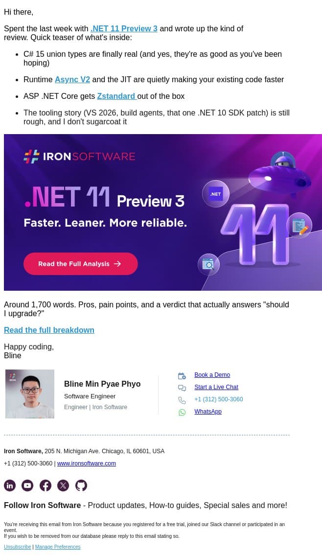 Microsoft .NET 11 Preview 3 email from IronOCR screenshot