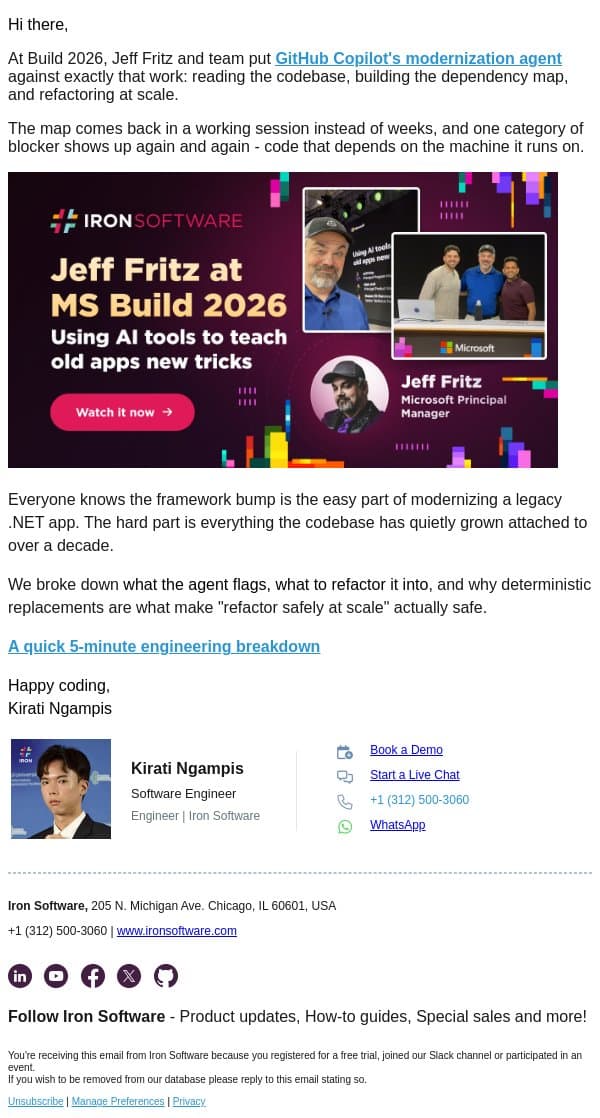 Jeff Fritz at Build 2026: letting an AI agent plan a legacy .NET upgrade email from IronOCR screenshot