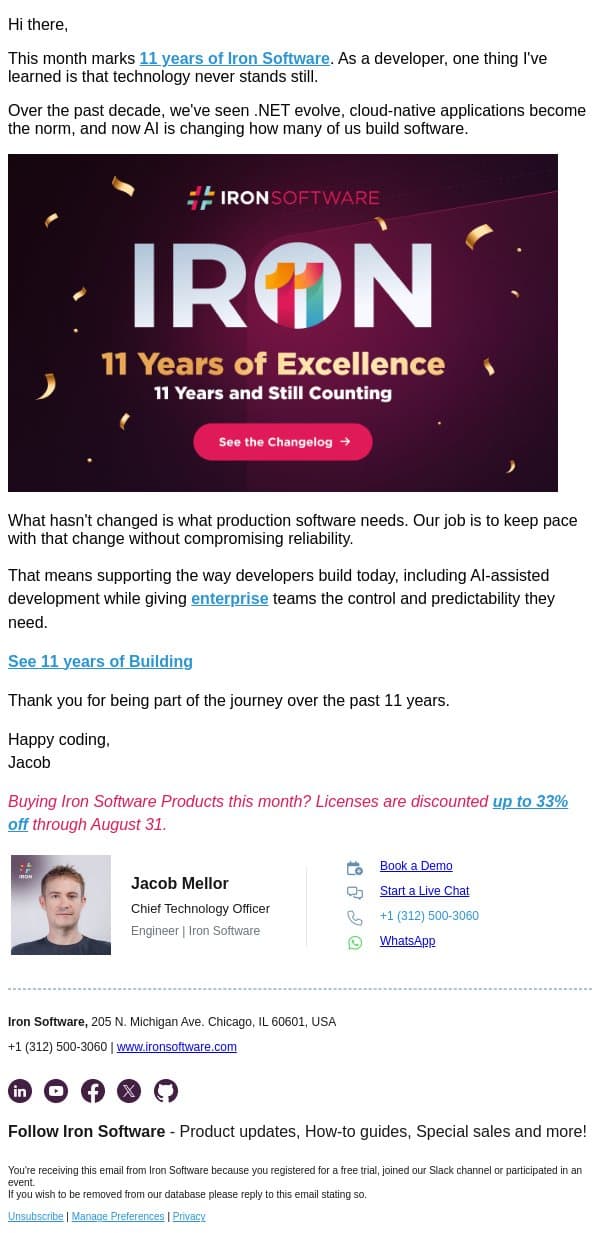 Mission: 11 Years Down. The Next Build is Coming. email from IronOCR screenshot
