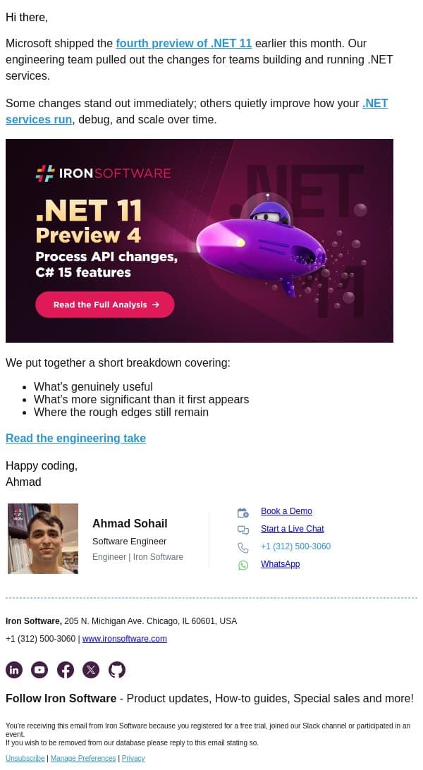 What Iron Software engineers noticed in the new .NET 11 preview email from IronOCR screenshot