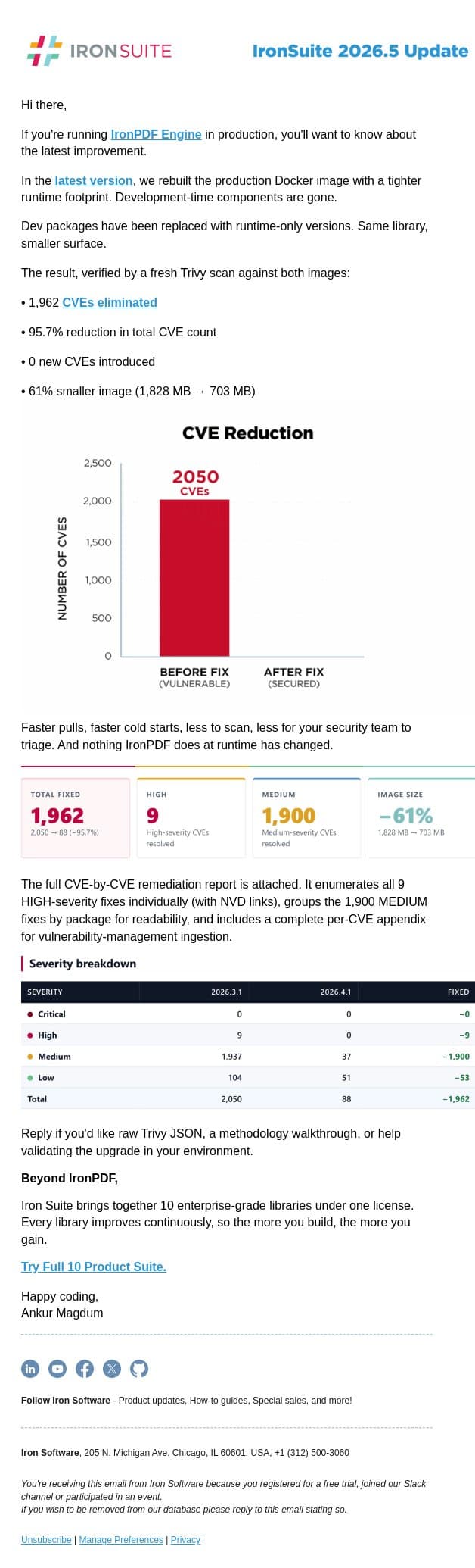 IronPDF Engine 2026.5: 1,962 fewer CVEs, 61% smaller image email from IronOCR screenshot