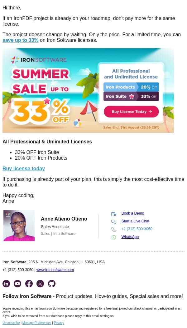 You have 1 unused summer benefit left email from IronOCR screenshot