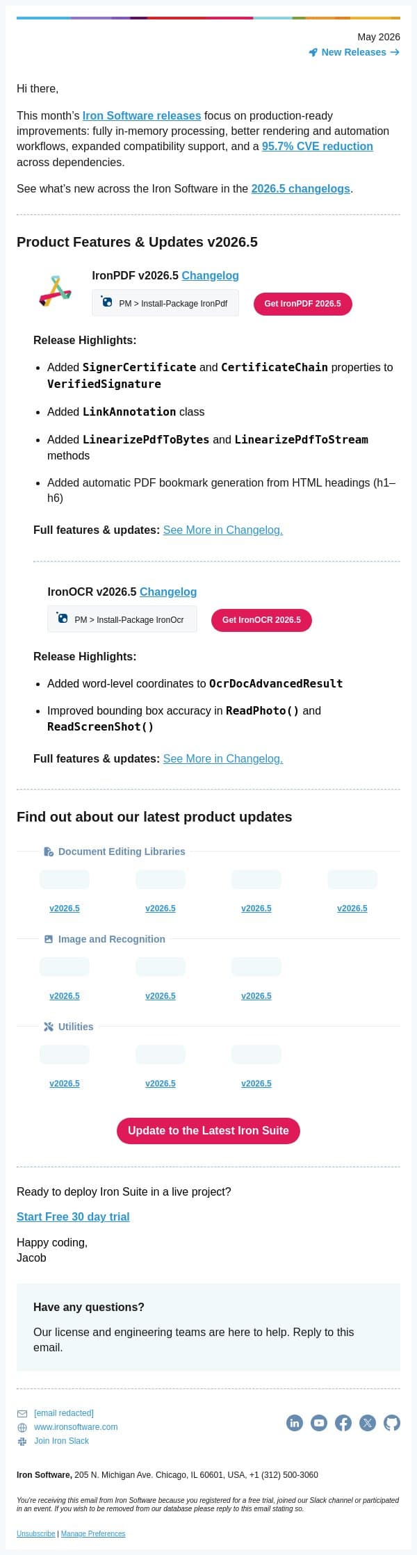 Iron Suite 2026.5: lower overhead, fewer CVEs, smoother workflows email from IronOCR screenshot