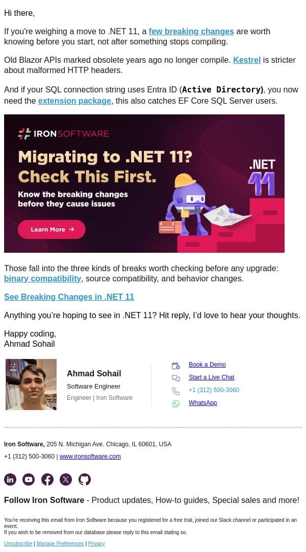 Considering a move to .NET 11? Check what could break in advance email from IronOCR screenshot