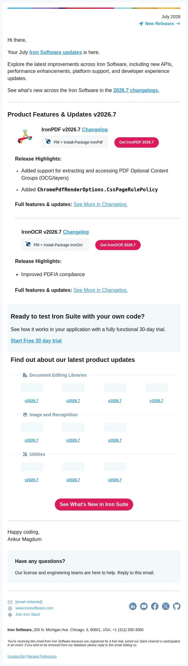Iron Software v2026.7 update includes an important improvement email from IronOCR screenshot