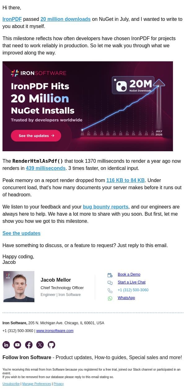 A Note on 20 Million Nuget Downloads email from IronOCR screenshot