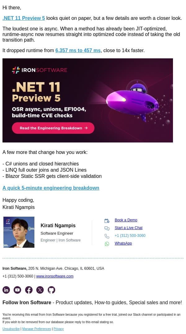 Microsoft .NET 11 Preview 5 is here email from IronOCR screenshot