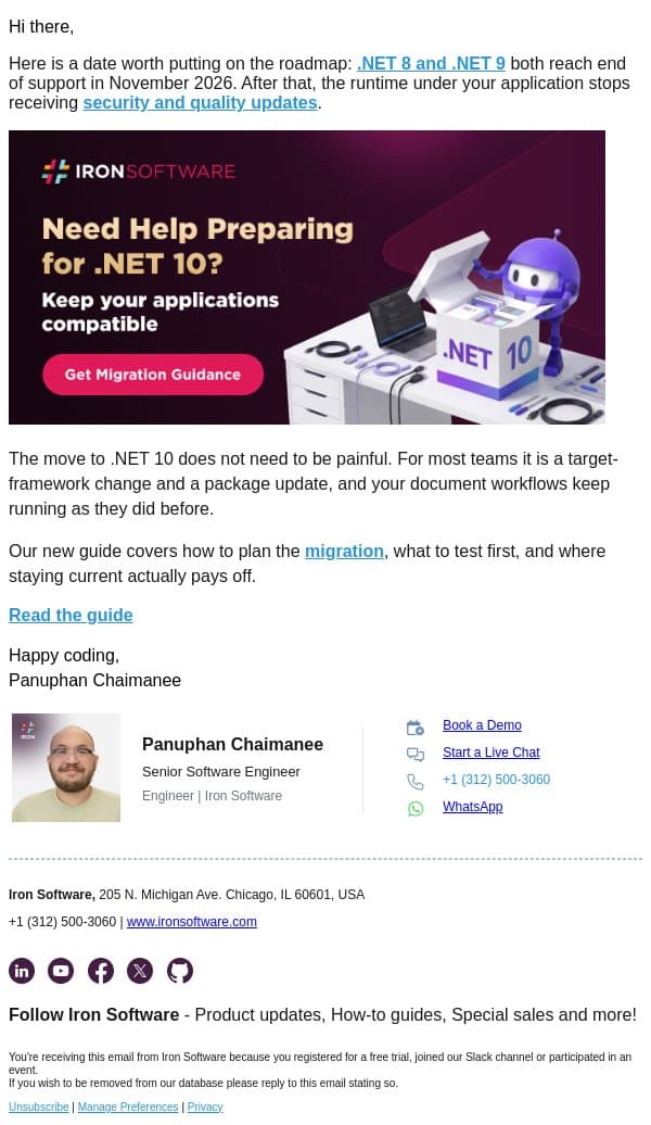 .NET 8 and .NET 9 reach end of support in November 2026 email from IronOCR screenshot