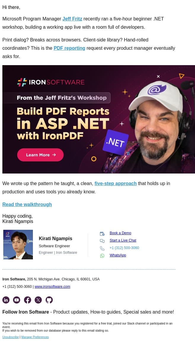 How Jeff Fritz adds PDF reporting in Web development email from IronOCR screenshot