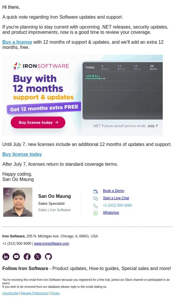 You have 1 unused benefit left email from IronOCR screenshot