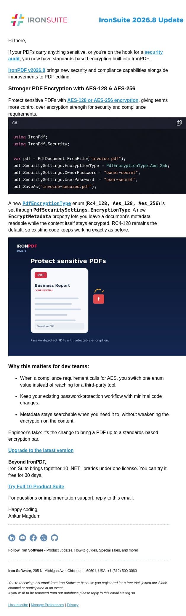 IronPDF 2026.8: New Security & Compliance Updates email from IronOCR screenshot