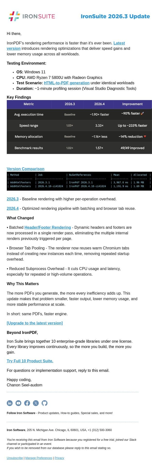 From 1.9 MB to 1.6 MB memory reduction in your next HTML to PDF conversion email from IronOCR screenshot