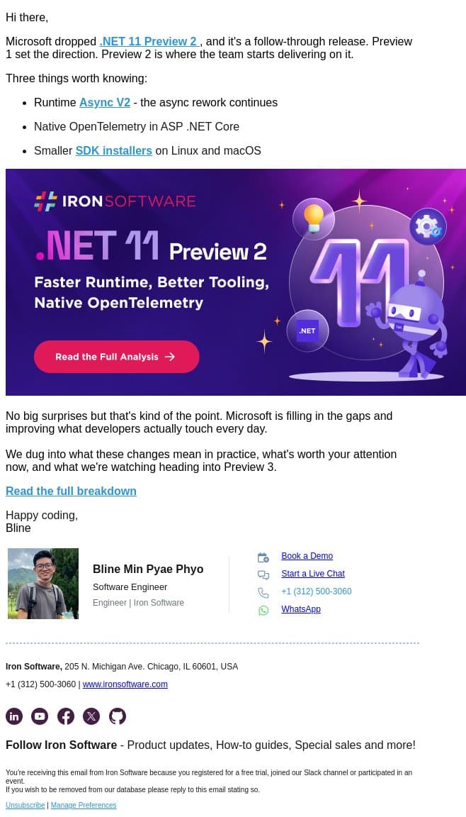 Microsoft .NET 11 Preview 2 email from IronOCR screenshot
